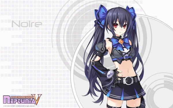 Anime picture 1920x1200 with kami jigen game neptune v noire single long hair looking at viewer highres black hair red eyes wide image twintails midriff girl thighhighs navel bow black thighhighs hair bow detached sleeves miniskirt