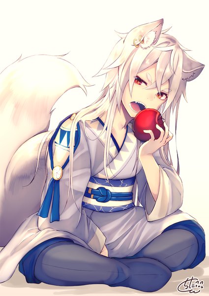 Anime picture 1417x2000 with original chita (ketchup) single long hair tall image fringe open mouth simple background hair between eyes red eyes white background sitting holding signed animal ears payot looking away silver hair full body tail