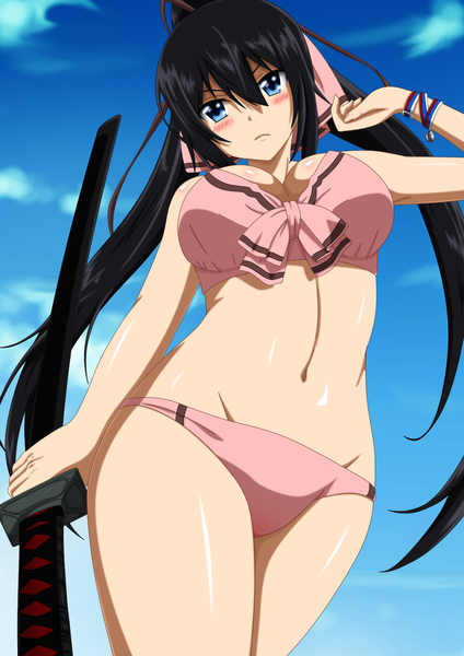 Anime picture 1000x1416 with infinite stratos 8bit shinonono houki flowerinhell single long hair tall image looking at viewer blush fringe breasts blue eyes light erotic black hair large breasts standing bare shoulders sky cloud (clouds) ponytail