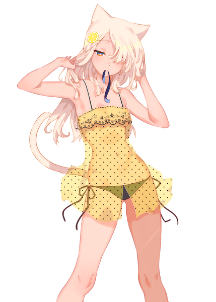 Anime picture 2591x3624 with original arutera single long hair tall image blush fringe highres light erotic simple background blonde hair standing white background holding animal ears tail animal tail cat ears hair over one eye arms up