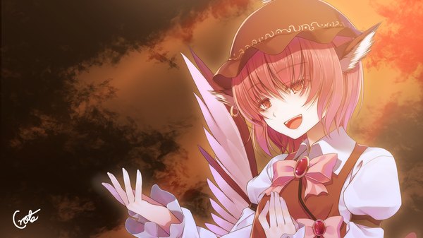 Anime picture 1920x1080 with touhou mystia lorelei crote single fringe highres short hair open mouth hair between eyes red eyes wide image signed animal ears looking away red hair girl dress bow hat wings