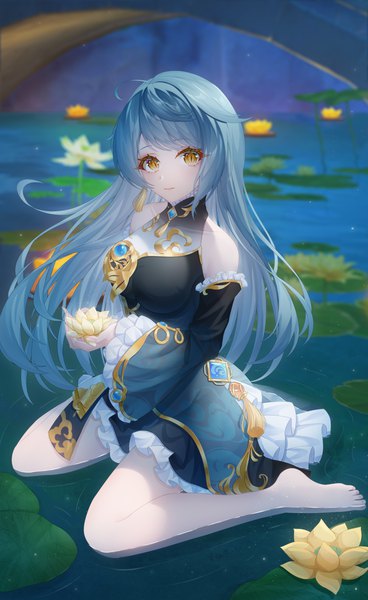 Anime picture 3526x5748 with genshin impact xingqiu (genshin impact) nalukikiki single long hair tall image looking at viewer fringe highres breasts large breasts sitting bare shoulders holding signed yellow eyes blue hair absurdres full body ahoge