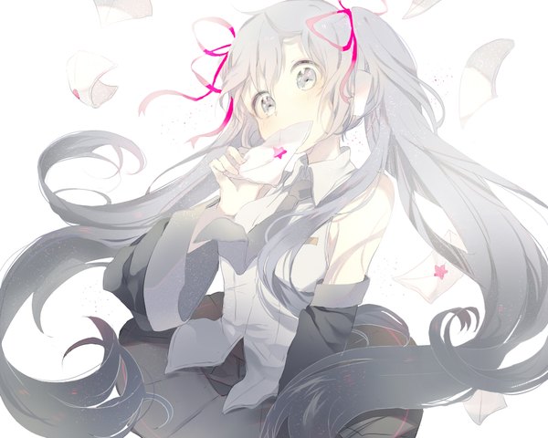 Anime picture 1000x800 with vocaloid hatsune miku niwa (ejizon) single long hair looking at viewer fringe blue eyes simple background white background twintails wind grey hair grey eyes covered mouth girl ribbon (ribbons) hair ribbon detached sleeves headphones