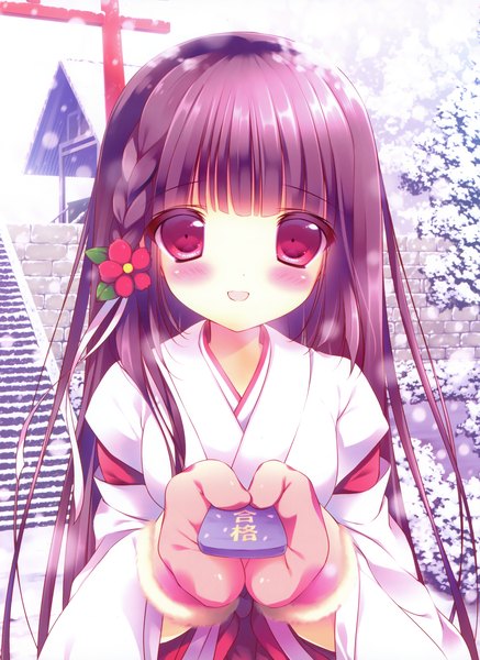 Anime picture 2462x3377 with original shiratama (shiratamaco) single long hair tall image blush highres open mouth red eyes purple hair traditional clothes hair flower snowing winter snow miko girl hair ornament mittens