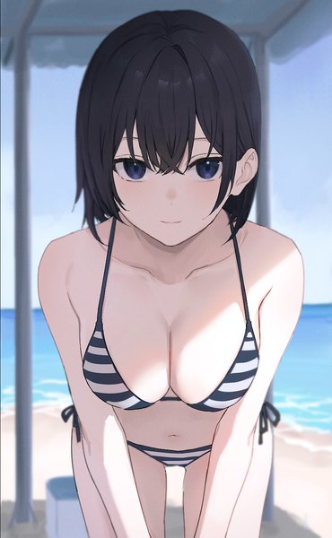 Anime picture 906x1471 with original bario (rrre) single tall image looking at viewer fringe short hair breasts blue eyes light erotic black hair smile hair between eyes large breasts standing sky cleavage outdoors leaning leaning forward