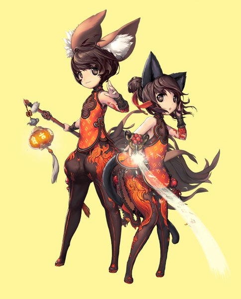 Anime picture 1211x1500 with blade & soul lyn (blade & soul) kim hyung tae long hair tall image short hair open mouth black hair simple background bare shoulders animal ears tail animal tail light smile magic yellow background girl boy gloves ribbon (ribbons)