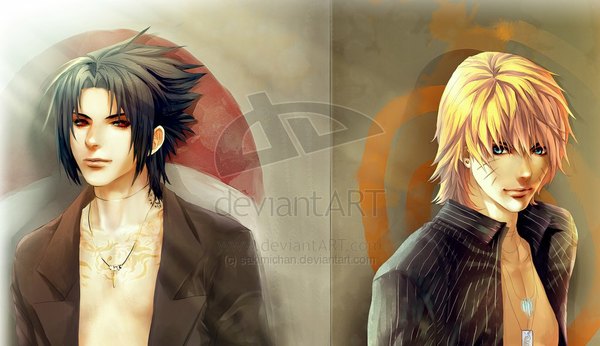 Anime picture 1024x592 with naruto studio pierrot naruto (series) uzumaki naruto uchiha sasuke sakimichan short hair blue eyes black hair blonde hair red eyes wide image lips realistic grey background open clothes tattoo open shirt facial mark watermark