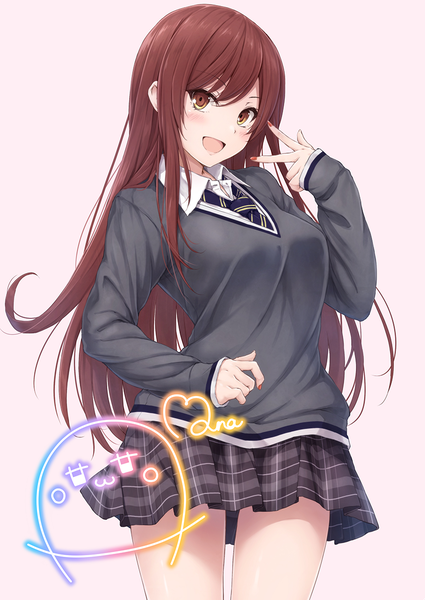 Anime-Bild 836x1180 mit idolmaster idolmaster shiny colors oosaki amana suien single long hair tall image looking at viewer blush fringe breasts open mouth simple background smile hair between eyes brown hair standing brown eyes payot nail polish