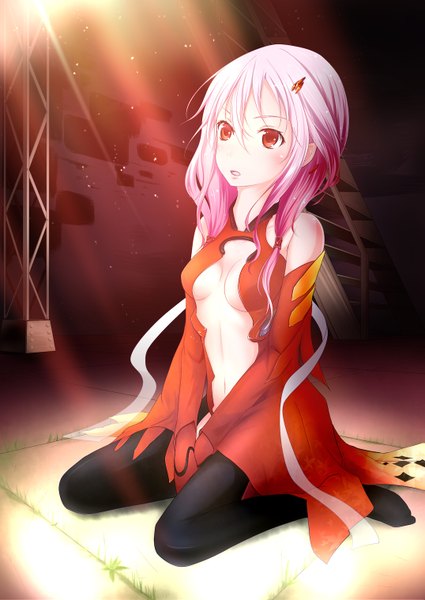 Anime picture 1075x1518 with guilty crown production i.g yuzuriha inori mitsukii long hair tall image blush breasts open mouth light erotic red eyes sitting bare shoulders pink hair center opening surprised girl thighhighs navel hair ornament