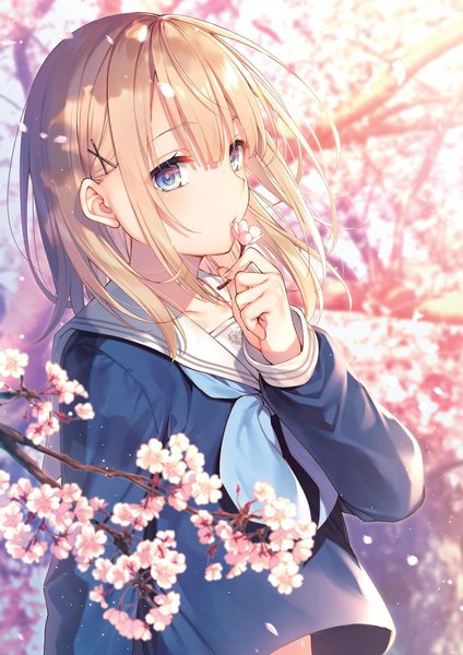 Anime picture 1358x1920 with original toosaka asagi single long hair tall image looking at viewer blush fringe blue eyes blonde hair hair between eyes standing holding payot upper body outdoors long sleeves wind blurry depth of field