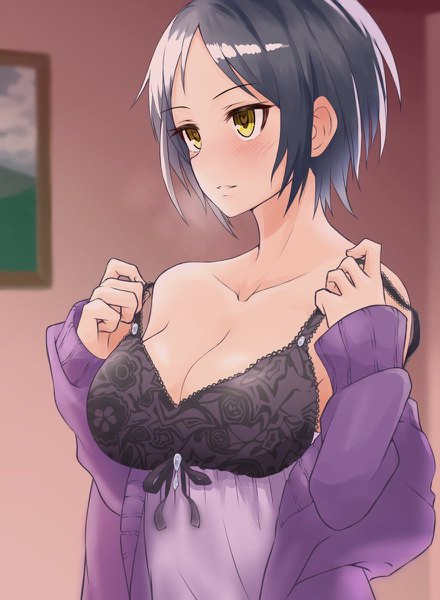 Anime-Bild 880x1200 mit idolmaster idolmaster cinderella girls hayami kanade shunichi single tall image blush short hair breasts light erotic black hair bare shoulders yellow eyes looking away upper body light smile undressing midnight rave girl lingerie