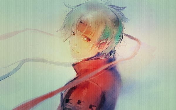 Anime picture 1280x800 with sengoku basara production i.g sanada yukimura tsuntsun (pixiv) short hair smile red eyes wide image grey hair boy ribbon (ribbons) hachimaki