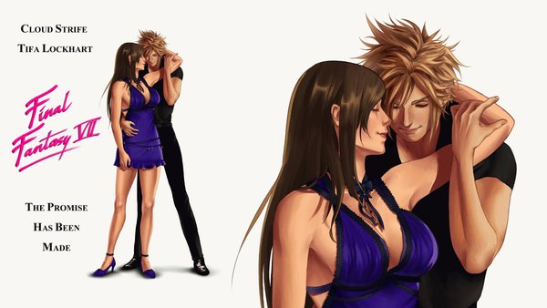 Anime picture 1280x720 with final fantasy final fantasy vii square enix tifa lockhart cloud strife long hair fringe short hair breasts simple background blonde hair smile brown hair wide image large breasts standing white background bare shoulders cleavage full body