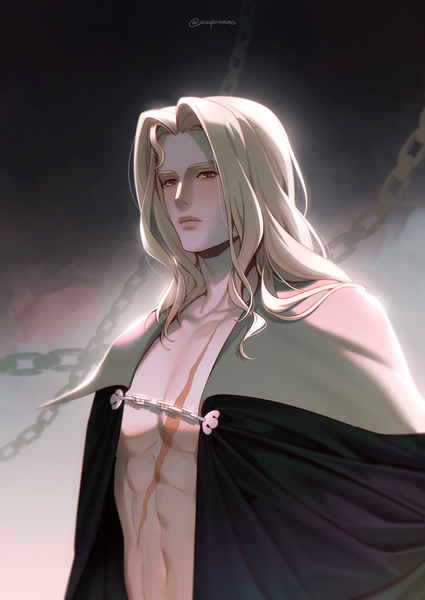 Anime picture 1240x1751 with castlevania konami alucard (castlevania) e7 (runaway162) single long hair tall image light erotic blonde hair signed looking away upper body lips orange eyes twitter username gradient background scar muscle abs boy