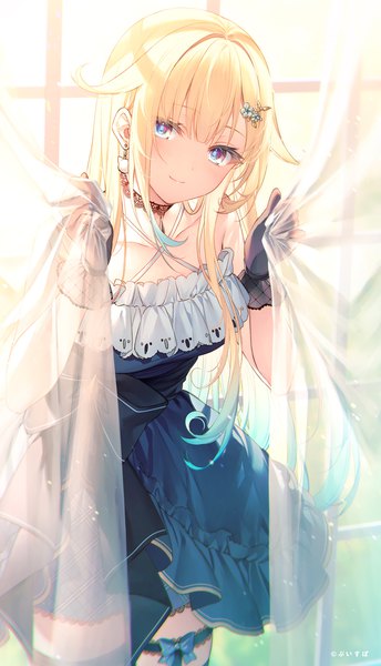 Anime picture 848x1479 with virtual youtuber vspo! aizawa ema toosaka asagi single long hair tall image looking at viewer fringe blue eyes blonde hair smile standing bare shoulders indoors blunt bangs multicolored hair sunlight two-tone hair girl