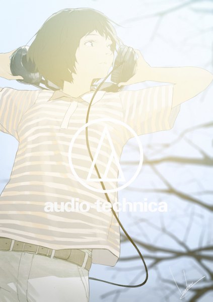 Anime picture 2039x2893 with original loundraw single tall image fringe highres short hair brown hair brown eyes signed sunlight looking up bare tree hand on headphones girl belt headphones pants t-shirt