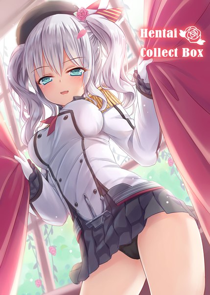 Anime picture 827x1156 with kantai collection kashima training cruiser shimokirin single tall image looking at viewer blush fringe short hair open mouth light erotic smile hair between eyes twintails payot silver hair pleated skirt aqua eyes sunlight inscription