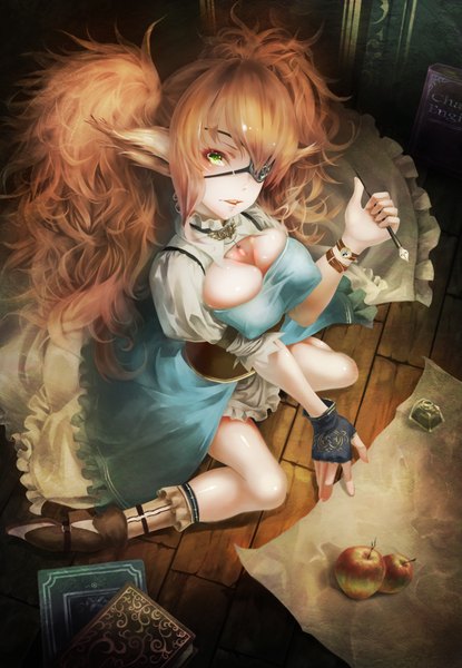 Anime picture 692x1000 with original akaikitsune single long hair tall image breasts large breasts sitting green eyes from above orange hair wariza girl dress gloves choker shoes fingerless gloves book (books) eyepatch