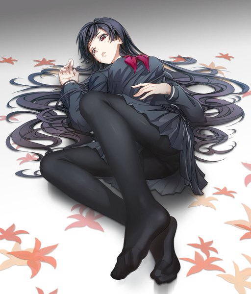 Anime picture 1240x1453 with tasogare otome x amnesia silver link kanoe yuuko streamingsun single long hair tall image looking at viewer fringe open mouth light erotic black hair red eyes looking away lying pleated skirt on back no shoes girl skirt