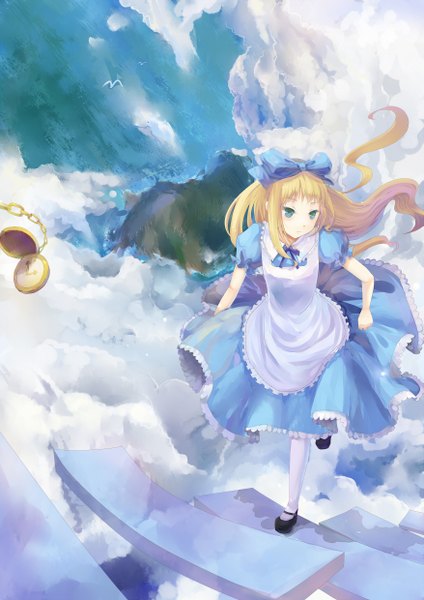 Anime picture 1753x2480 with alice in wonderland alice (wonderland) rifsom long hair tall image highres blonde hair sky cloud (clouds) dress bow animal bird (birds) apron clock stairs pocket watch