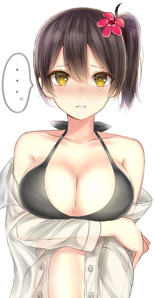 Anime picture 1500x2900 with kantai collection kaga aircraft carrier mizukoshi (marumi) single long hair tall image blush fringe breasts light erotic simple background brown hair large breasts white background bare shoulders yellow eyes hair flower off shoulder open clothes open shirt