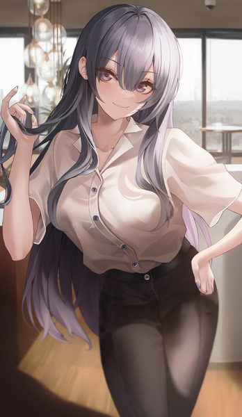 Anime picture 3041x5247 with original shaffelli single long hair tall image fringe highres black hair smile hair between eyes standing holding payot absurdres indoors nail polish head tilt black eyes mole short sleeves