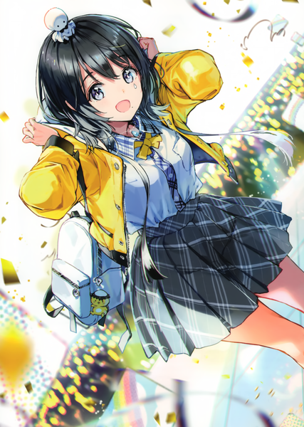 Anime picture 2437x3421 with virtual youtuber avatar 2.0 project palette project amagasaki eko tiv single tall image looking at viewer blush fringe highres short hair open mouth blue eyes black hair standing :d pleated skirt blurry scan