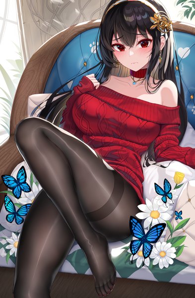Anime picture 4000x6100 with spy x family yor briar nekoda (maoda) single long hair tall image looking at viewer blush fringe highres breasts light erotic black hair hair between eyes red eyes large breasts absurdres bent knee (knees) indoors long sleeves