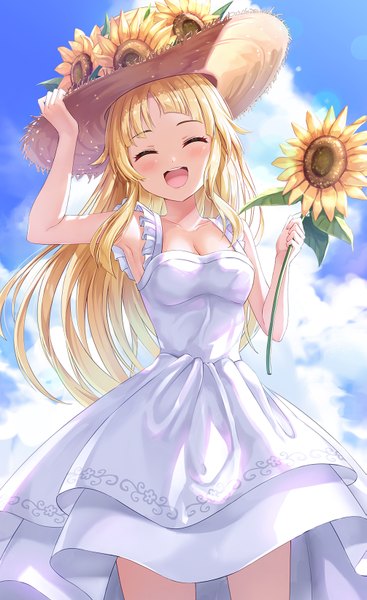Anime picture 1005x1642 with bang dream! tsurumaki kokoro lunacle single long hair tall image blush fringe breasts open mouth blonde hair smile standing bare shoulders holding sky cleavage cloud (clouds) outdoors eyes closed