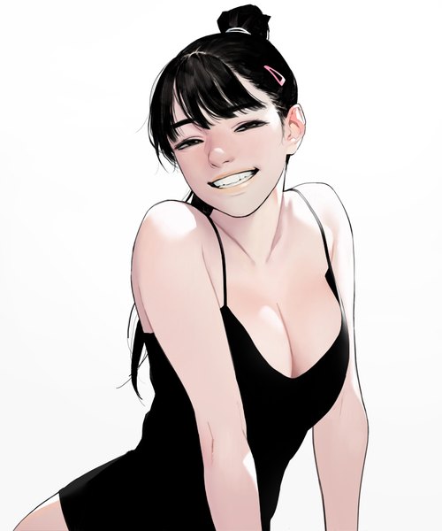Anime picture 750x900 with original dongho kang single long hair tall image looking at viewer fringe breasts light erotic black hair simple background smile large breasts white background bare shoulders cleavage ponytail blunt bangs black eyes teeth