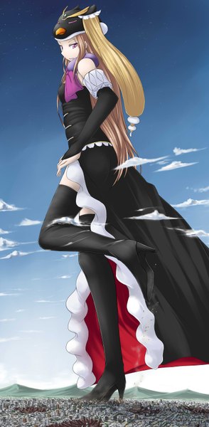 Anime picture 1650x3360 with mawaru penguindrum takakura himari princess of the crystal terada ochiko single long hair tall image brown hair sky cloud (clouds) pink eyes city ruins giant girl dress detached sleeves thigh boots cap animal hat