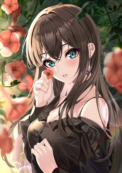 Anime picture 1446x2048 with idolmaster idolmaster cinderella girls idolmaster cinderella girls starlight stage shibuya rin sutoroa single long hair tall image looking at viewer blush fringe breasts hair between eyes brown hair large breasts bare shoulders holding cleavage upper body parted lips