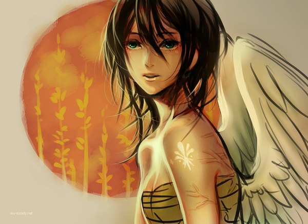Anime picture 1448x1054 with original ofskysociety single fringe short hair breasts open mouth black hair bare shoulders green eyes lips white wings girl wings