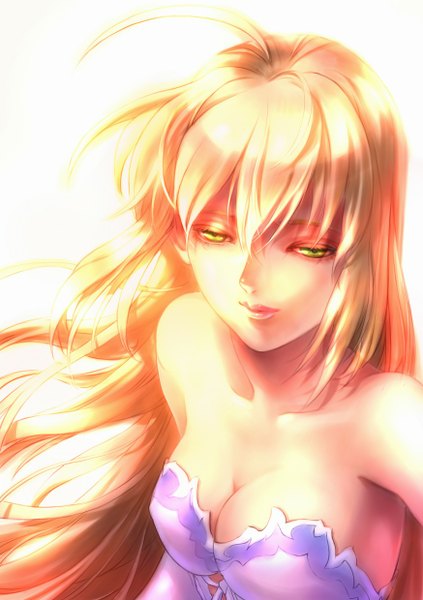 Anime picture 874x1240 with fate (series) fate/stay night fate/zero studio deen type-moon artoria pendragon (all) saber jian huang long hair tall image fringe breasts simple background blonde hair large breasts white background bare shoulders green eyes cleavage from above
