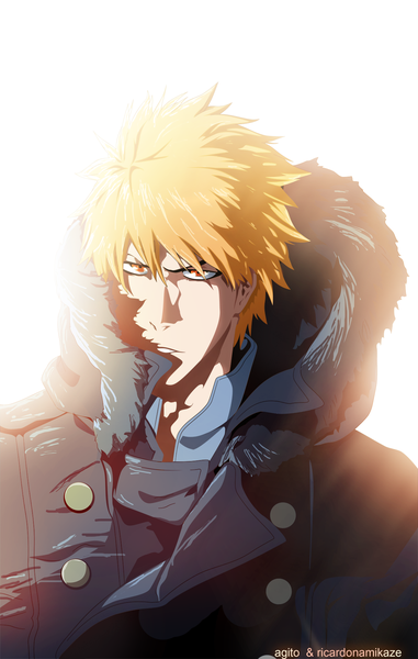 Anime picture 1200x1886 with bleach studio pierrot kurosaki ichigo aagito single tall image short hair blonde hair white background orange eyes coloring portrait boy fur winter clothes