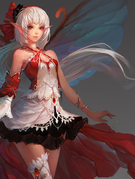 Anime picture 931x1226 with fom (lifotai) single tall image looking at viewer short hair breasts simple background red eyes standing white hair very long hair fingernails lips pointy ears shiny skin elf insect wings butterfly wings girl hair ornament