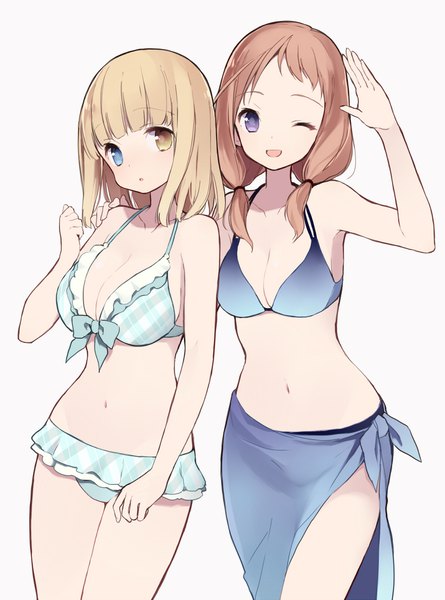 Anime picture 1400x1886 with saki takei hisa fukuji mihoko itsumi (itumiyuo) long hair tall image looking at viewer fringe short hair breasts open mouth light erotic simple background brown hair white background purple eyes twintails multiple girls blunt bangs one eye closed