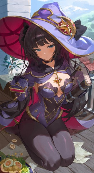 Anime picture 4000x7313 with genshin impact mona megistus zutsuyaku single long hair tall image blush fringe highres breasts blue eyes light erotic black hair sitting twintails holding payot absurdres sky cleavage