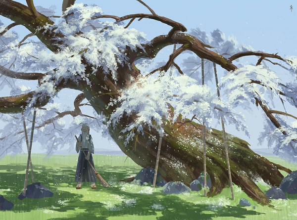 Anime picture 1047x777 with touhou konpaku youki seeker single long hair signed white hair traditional clothes japanese clothes cherry blossoms old man boy plant (plants) petals tree (trees) grass sandals broom beard hakama