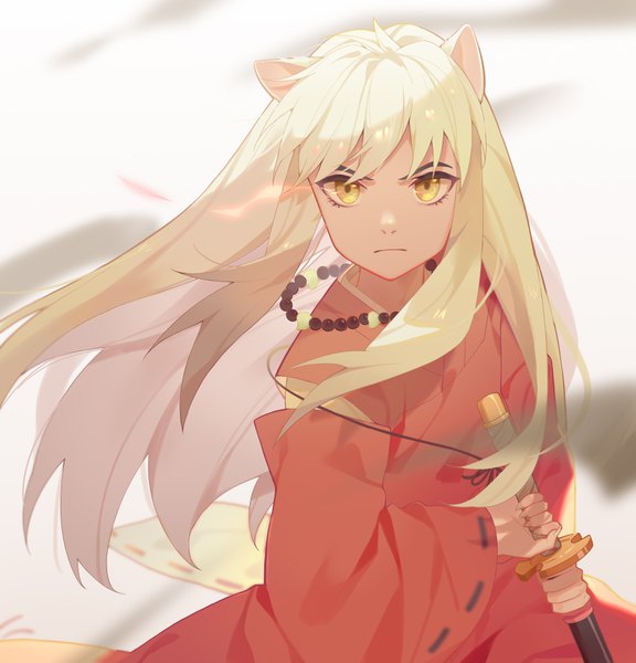 Anime picture 3034x3158 with inuyasha inuyasha (character) limao jun single long hair tall image looking at viewer highres animal ears yellow eyes absurdres upper body white hair traditional clothes japanese clothes wind dog ears boy weapon sword