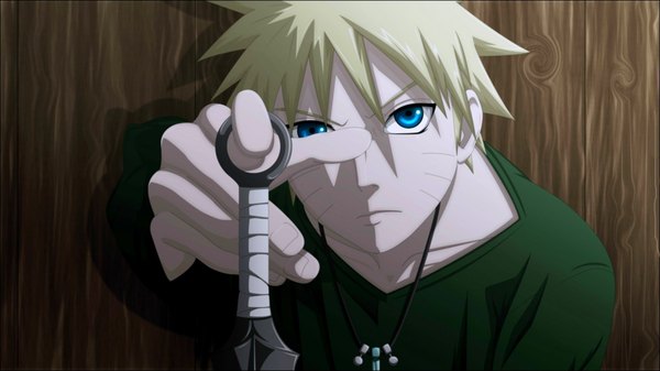 Anime picture 1920x1080 with naruto studio pierrot naruto (series) uzumaki naruto slipknot31 single highres short hair blue eyes blonde hair wide image shadow coloring facial mark whisker markings jinchuriki boy weapon pendant wall