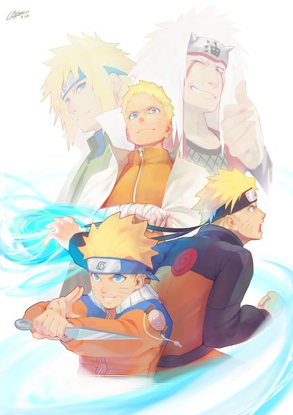 イラスト 3307x4678 と ナルト 株式会社ぴえろ naruto (series) うずまきナルト 波風ミナト 自来也 G.M蘑菇/绚烂的蘑菇 長髪 長身像 カメラ目線 highres 短い髪 開いた口 青い目 simple background 金髪 笑顔 白背景 holding signed