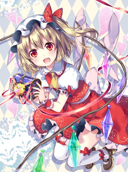 Anime picture 599x800 with touhou flandre scarlet riichu single tall image looking at viewer blush short hair open mouth red eyes holding :d shadow fang (fangs) puffy sleeves one side up happy rhombus girl thighhighs