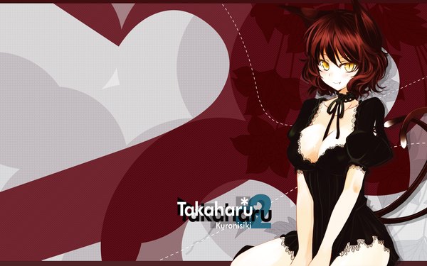 Anime picture 1920x1200 with touhou kaenbyou rin takaharu single highres short hair light erotic wide image sitting signed animal ears yellow eyes cleavage red hair tail cat ears inscription teeth cat tail fang (fangs)