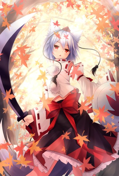 Anime picture 1649x2431 with touhou inubashiri momiji mushroom (artist) tall image short hair red eyes animal ears white hair animal tail girl weapon plant (plants) hat detached sleeves sword tree (trees) leaf (leaves)