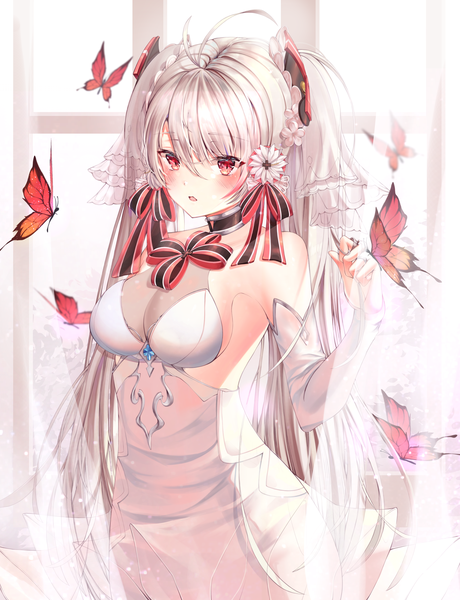 Anime picture 2966x3866 with azur lane prinz eugen (azur lane) lujang (fudge) single long hair tall image looking at viewer blush fringe highres breasts open mouth hair between eyes red eyes large breasts standing twintails bare shoulders silver hair ahoge