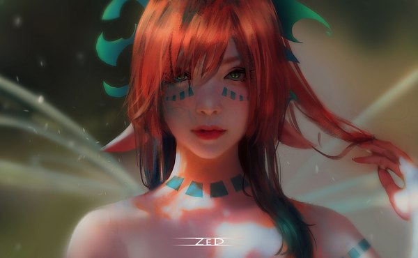 Anime picture 1920x1184 with original zed single long hair looking at viewer fringe highres hair between eyes wide image green eyes signed upper body arm up lips pointy ears orange hair realistic lipstick facial mark elf