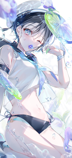 Anime picture 802x1761 with original miwano rag single tall image blush fringe short hair breasts blue eyes light erotic black hair simple background hair between eyes white background holding one eye closed arm up blurry mouth hold sailor collar