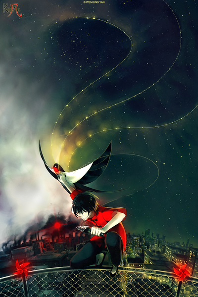 Anime picture 900x1350 with knite yuumei single tall image fringe black hair holding night smoke glow boy animal bird (birds) building (buildings) pants