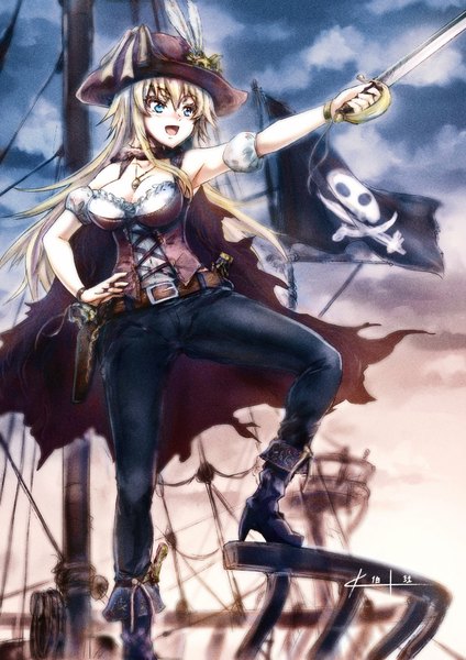 Anime picture 1240x1754 with original banana nagi (arai29) long hair tall image blush breasts open mouth blue eyes blonde hair smile large breasts armpit (armpits) pirate girl weapon hat sword boots belt gun
